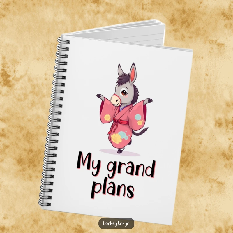 Funny notebook with a graceful donkey in a vibrant kimono, performing a pirouette, perfect for jotting down dance notes.