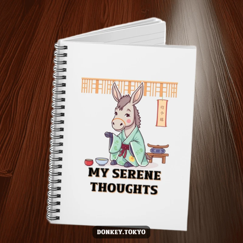 Funny notebook with a cheerful donkey in a flowing kimono, practicing a tea ceremony, perfect for journaling peaceful thoughts.