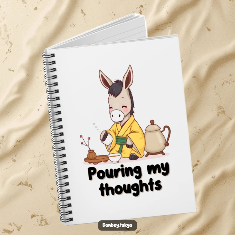 Funny donkey in a yellow kimono gently pouring tea, on a notebook cover for humorous and peaceful note-taking.