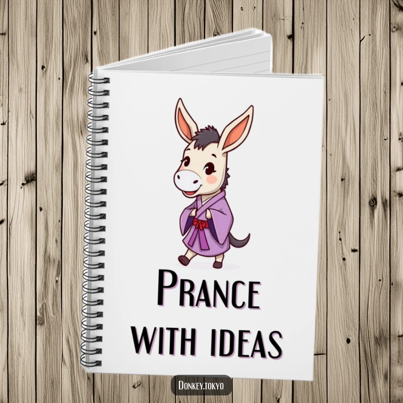 Funny donkey in a purple kimono doing a dignified prance, on a notebook cover for humorous and joyful note-taking.