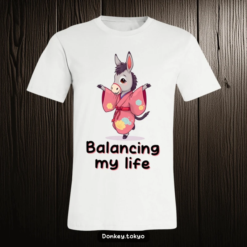 Funny t-shirt with a graceful donkey in a vibrant kimono, performing a delicate pirouette with surprising poise.