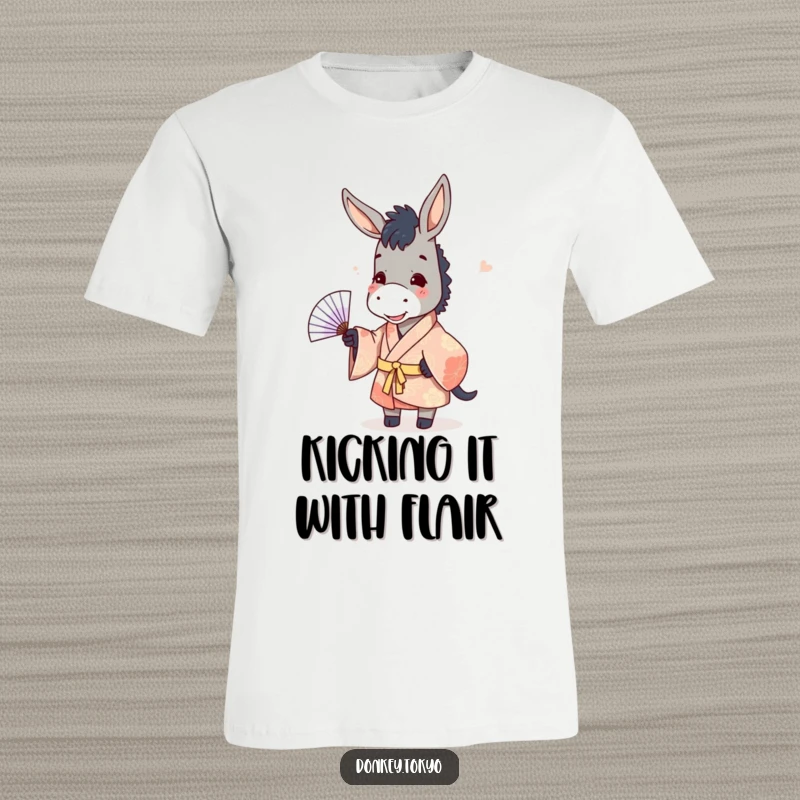 Funny donkey in a patterned kimono, actively tossing a paper fan, showcasing a playful and humorous design.