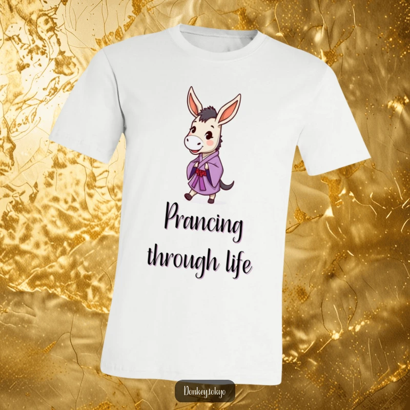 Funny donkey in a purple kimono performing a dignified prance, featured on a t-shirt for a joyful look.