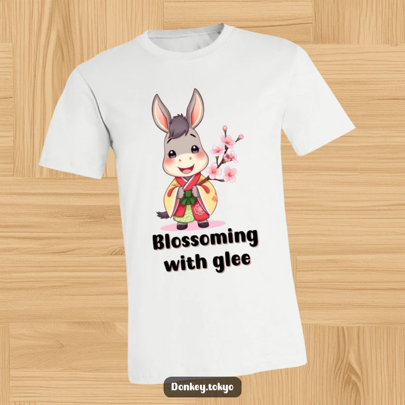 Jovial donkey in a colorful kimono, holding a blooming cherry blossom, a vibrant and funny design.