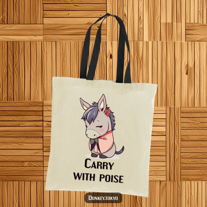 Serene donkey in a traditional kimono, bowing gracefully, a stylish and peaceful tote bag.