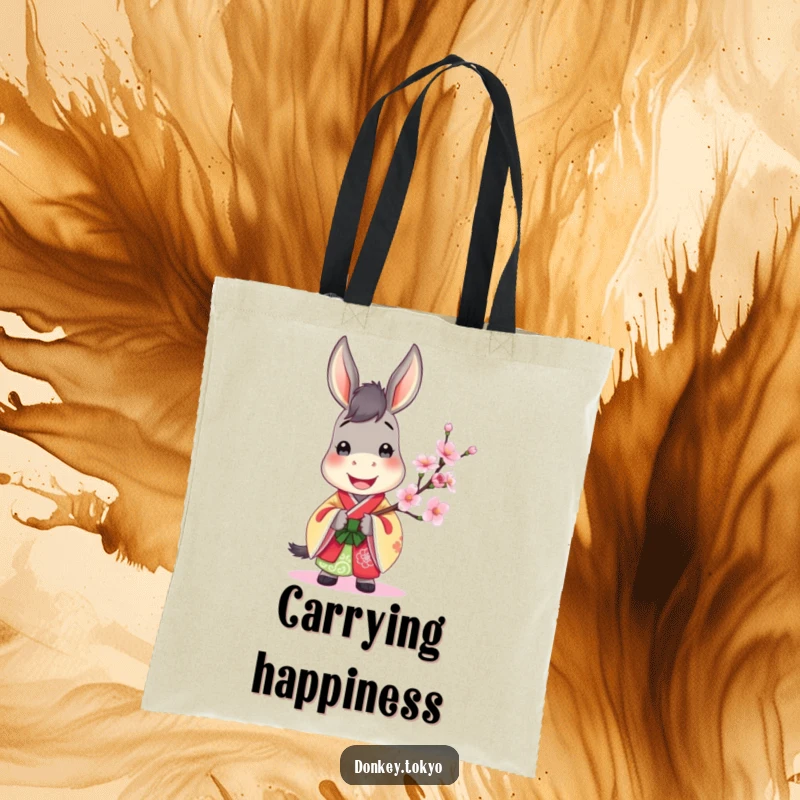 Jovial donkey in a colorful kimono, holding a cherry blossom, a cheerful and functional tote bag.