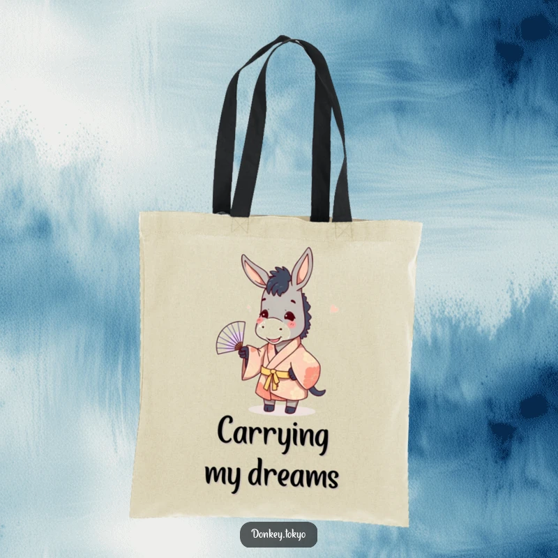 Funny donkey in a patterned kimono, tossing a paper fan, a stylish and humorous tote bag.