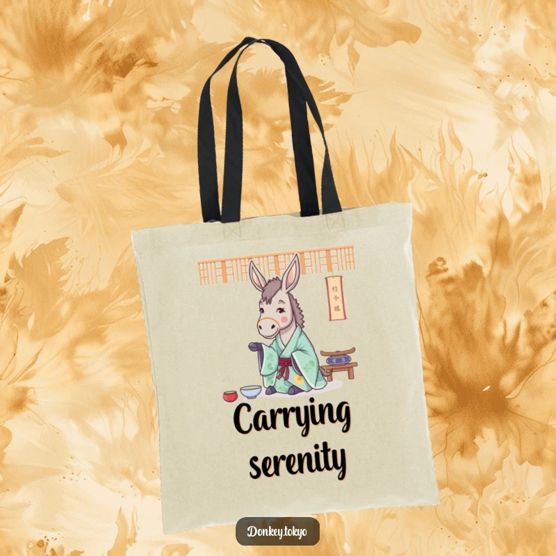 Funny tote bag showing a cheerful donkey in a flowing kimono, practicing a tea ceremony, perfect for carrying mindful essentials.