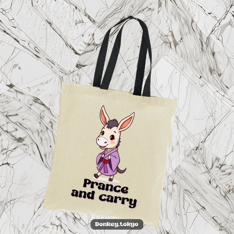 Funny donkey in a purple kimono doing a dignified prance, on a stylish tote bag for humorous carrying.